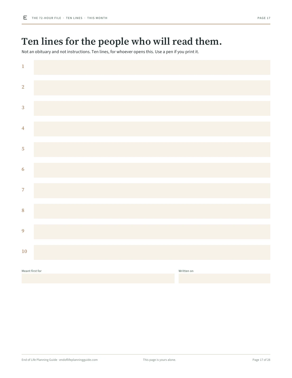 Page 17 of 28. Ten lines for the people who will read them.
