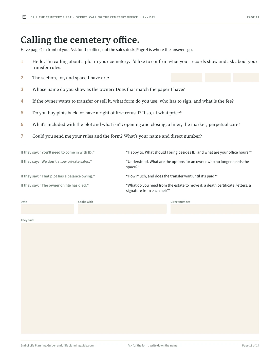 Page 11 of 14. Calling the cemetery office.